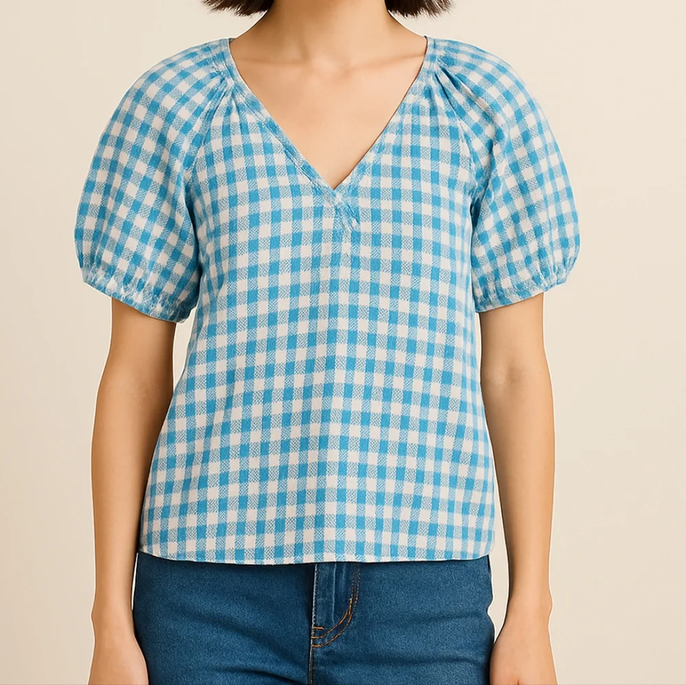 J Crew Blue And White Gingham Top With Puff Sleeves Size XXS